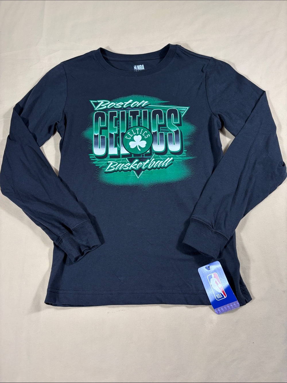 NBA Boston Celtics Kids Long Sleeve Basketball T-Shirt Black Green L 12/14 NWT